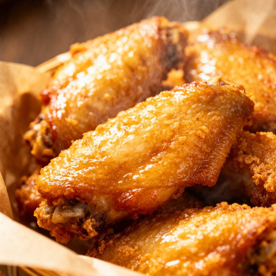 Close-up of golden-brown, crispy chicken wings steaming in a basket lined with brown paper.